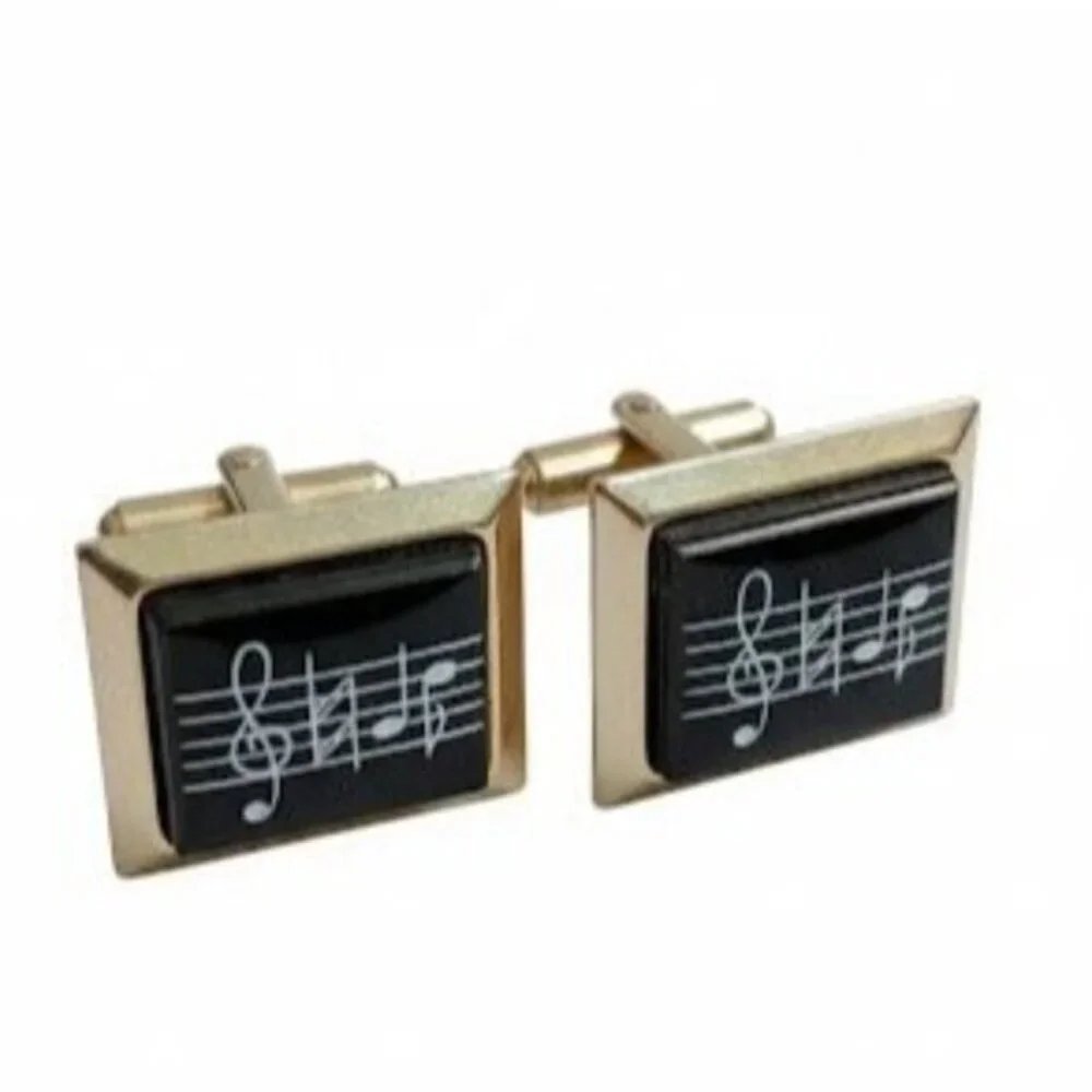 Vintage Gold-Tone Cufflinks Musical Staff Treble Clef Black Rectangular Toggle‎